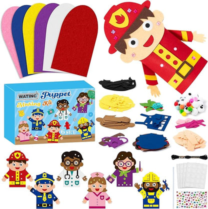 WATINC 6Pcs Hand Puppet Making Kit, Art Craft Felt Sock Puppet Toys, Creative DIY Make Your Own Pompoms Wiggle Googly Eyes Storytelling Role Play Party Supplies Gift for Girls Boys (Career A)