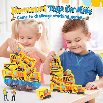 Montessori Toys for Kids Wooden Construction Engineering Cars Blocks Stacking Toy for 3 4 5 6 Year Old Boys Girls Toddlers Educational Toys Balance Game for Boy Girl Age 3-6