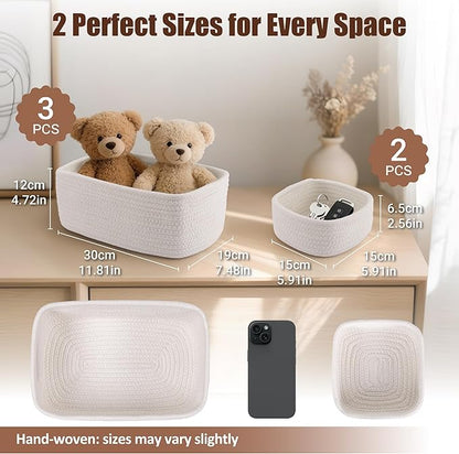 5-Pack Small Woven Rope Storage Baskets – 2 Sizes Organizer Bins for Closet, Shelf, Bookshelf, Nursery, Changing Table, Fabric Cube Boxes, Rectangular Shallow Bins for Bathroom, Toy & Home