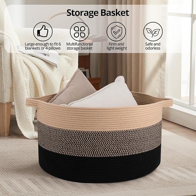 OIAHOMY 90L Blanket Basket for Living Room, Large Basket 23" x 23" x 13" with Handle, Laundry Hamper for Blankets, Pillows, Toy Storage for Kids, Dogs - Yellow and Black
