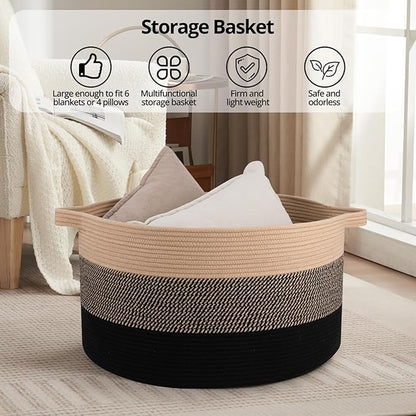 OIAHOMY 90L Blanket Basket for Living Room, Large Basket 23" x 23" x 13" with Handle, Laundry Hamper for Blankets, Pillows, Toy Storage for Kids, Dogs - Yellow and Black