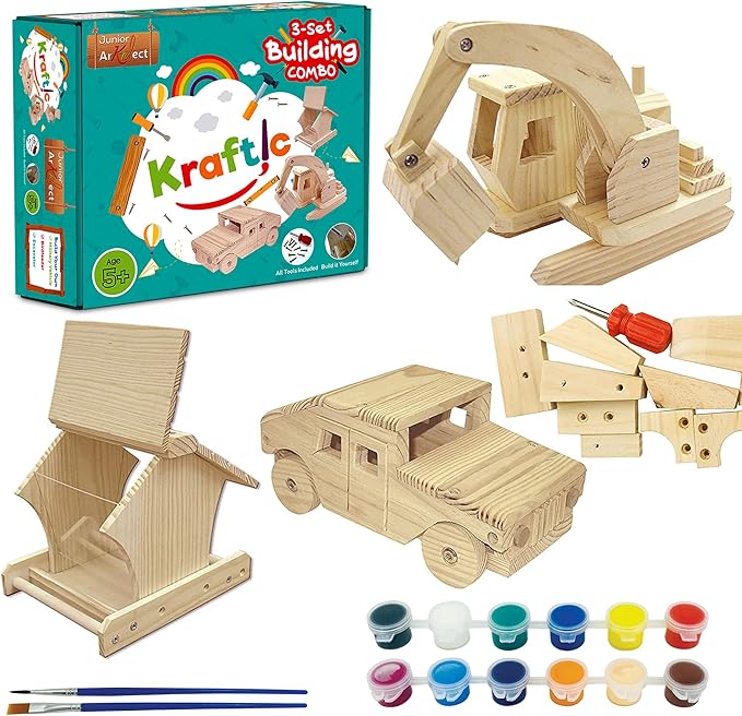 Kraftic Woodworking Building Kit for Kids and Adults, 3 Educational DIY Carpentry Construction Wood Model Kit STEM Toy Projects for Boys and Girls - Wooden Military Vehicle, Excavator and Bird-Feeder
