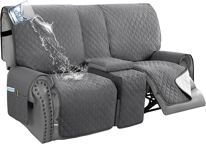 H.VERSAILTEX 100% Waterproof Loveseat Recliner Cover with Center Console Anti Slip Reclining Loveseat Cover with Adjustable Elastic Straps (Recliner Loveseat with Console, Rocket Gray)