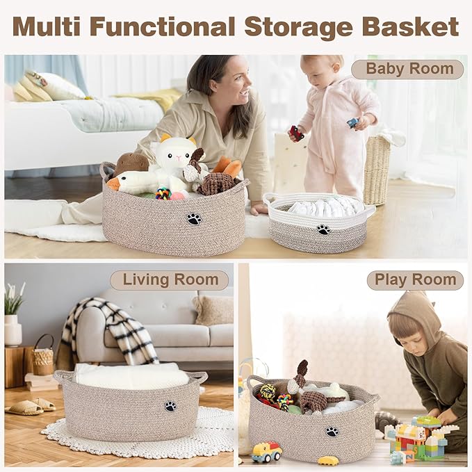 Optish Dog Toy Basket, Toy Box and Bin for Dog Cat Storage, 19.7" X 11" X 7.9" (30L) Large Woven Rope Basket for Blanket Storage, Living Room, Bedroom, Brown