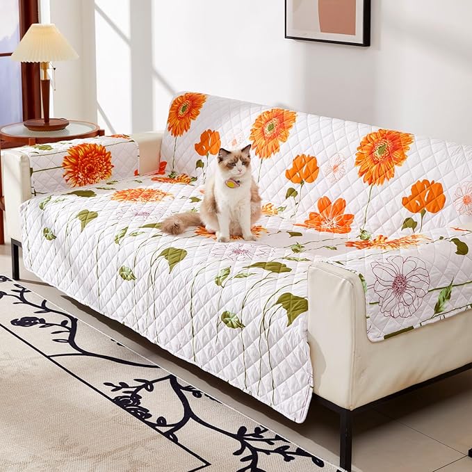 EVENHUG Loveseat Sofa Cover Sunflower Sofa Slipcover Washable Couch Cover 2 Cushion Sofa Furniture Protector Cover with Elastic Straps for Pets Kids Dog Cat (Loveseat,Orange)