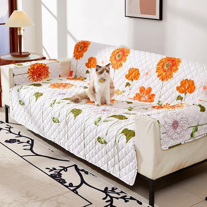 EVENHUG Loveseat Sofa Cover Sunflower Sofa Slipcover Washable Couch Cover 2 Cushion Sofa Furniture Protector Cover with Elastic Straps for Pets Kids Dog Cat (Loveseat,Orange)
