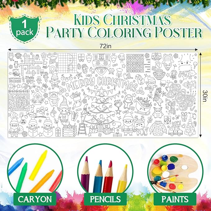 Christmas Giant Coloring Poster for Kids 30x72 Inch, Merry Christmas Large Coloring Tablecloth Banner, Christmas Color-in Activities Games for Kids School Classroom Home Party Supplies Decorations