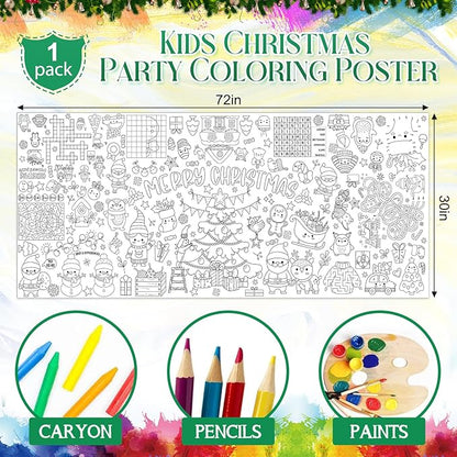 Christmas Giant Coloring Poster for Kids 30x72 Inch, Merry Christmas Large Coloring Tablecloth Banner, Christmas Color-in Activities Games for Kids School Classroom Home Party Supplies Decorations