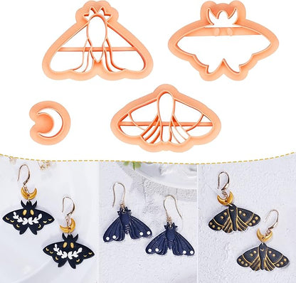 Puocaon Celeste Moth Clay Cutters - 4 Shapes Polymer Clay Cutters for Earrings, Moth Moon Shape Clay Cutters for Polymer Clay Jewelry Making, Mystical Moth Clay Cutter Supplies Clay Earring Cutters