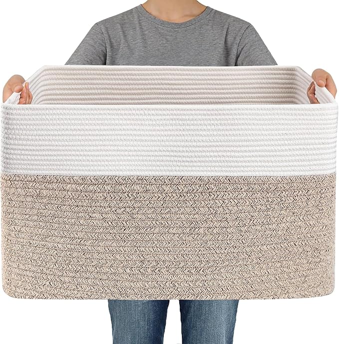 JMvicyroam Woven Blanket Basket,65L Large Storage Bin for Blankets Toys Clothes,Decorative Rope Basket for Living Room Bedroom with Handles, White&Oatmeal