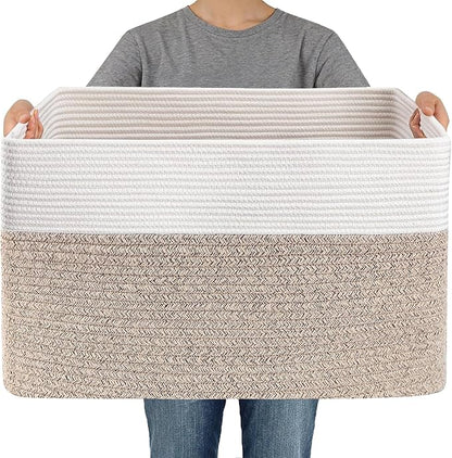 JMvicyroam Woven Blanket Basket,96L Large Storage Bin for Blankets Toys Clothes,Decorative Rope Basket for Living Room Bedroom with Handles, White&Oatmeal