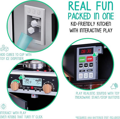 Lil' Jumbl Jumbl Kids Kitchen Set, Pretend Wooden Play Kitchen, Battery Operated Icemaker, Microwave, Range Hood, Stove Top, Oven, with Realistic Sound & Lights, Pots, Pan, & Utensils Included