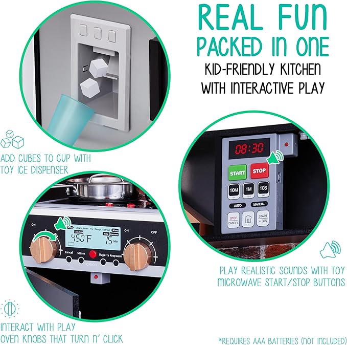 Lil' Jumbl Jumbl Kids Kitchen Set, Pretend Wooden Play Kitchen, Battery Operated Icemaker, Microwave, Range Hood, Stove Top, Oven, with Realistic Sound & Lights, Pots, Pan, & Utensils Included