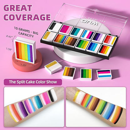 WUO Professional Face Painting Kit for Kids Adults, 12x10g+4 Colors Split Cake Palette with Stencils Sponge, Non-Toxic Water-Activated Rainbow Body Face Paint Makeup for Halloween Christmas Partie