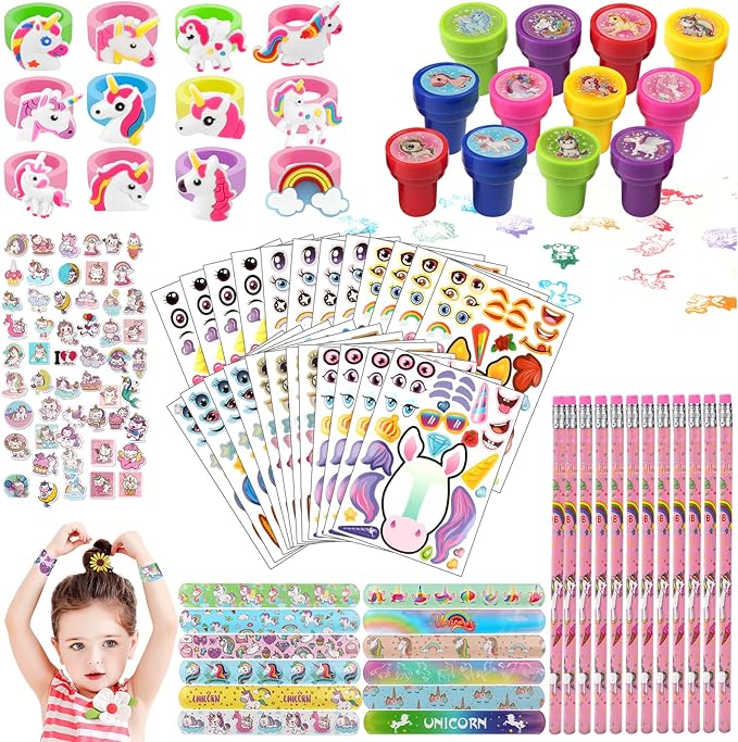 122pcs Unicorn Party Favors for Kids, Unicorn Party Decorations, Includes Unicorn Stampers for Kid, Slap Bracelets, Rings, Stickers, Luggage Sticker Unicorn Party Supplies for Birthday Gift