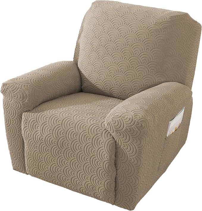 NORTHERN BROTHERS Oversized Recliner Chair Covers - Large Recliner Cover That Stay in Place 4 Piece, Jacquard Lazy Boy Recliner Chair Covers 1 Seater, Khaki