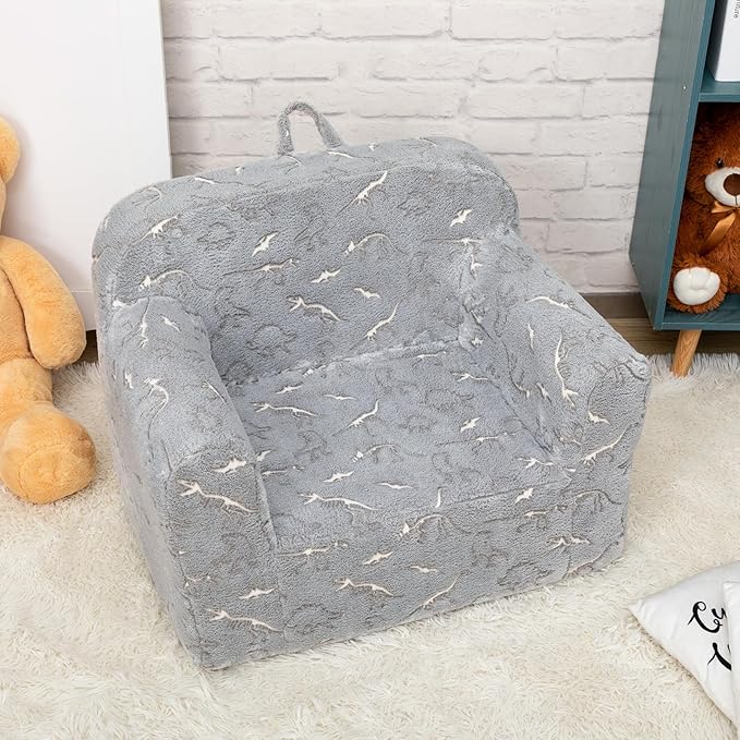 ALIMORDEN Kids Ultra-Soft Snuggle Foam Filled Chair, Glow-in-The-Dark Dinosaurs Fossil Pattern Toddler Cuddly Sherpa Reading Couch for Boys and Girls