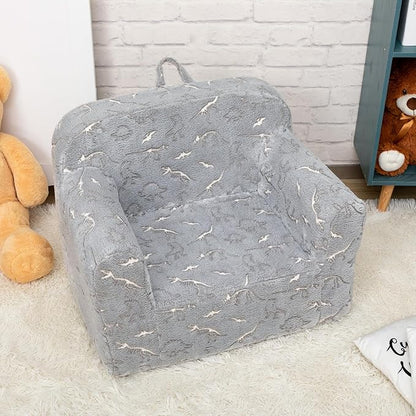 ALIMORDEN Kids Ultra-Soft Snuggle Foam Filled Chair, Glow-in-The-Dark Dinosaurs Fossil Pattern Toddler Cuddly Sherpa Reading Couch for Boys and Girls
