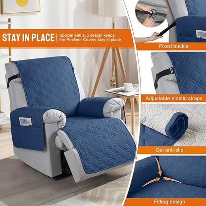 VANSOFY 100% Waterproof Recliner Chair Covers, Recliner Cover Non-Slip Dog Chair Cover Furniture Protector Washable Slipcover with Pocket, Elastic Straps for Pets, Dogs(Ocean Blue, 23.6")