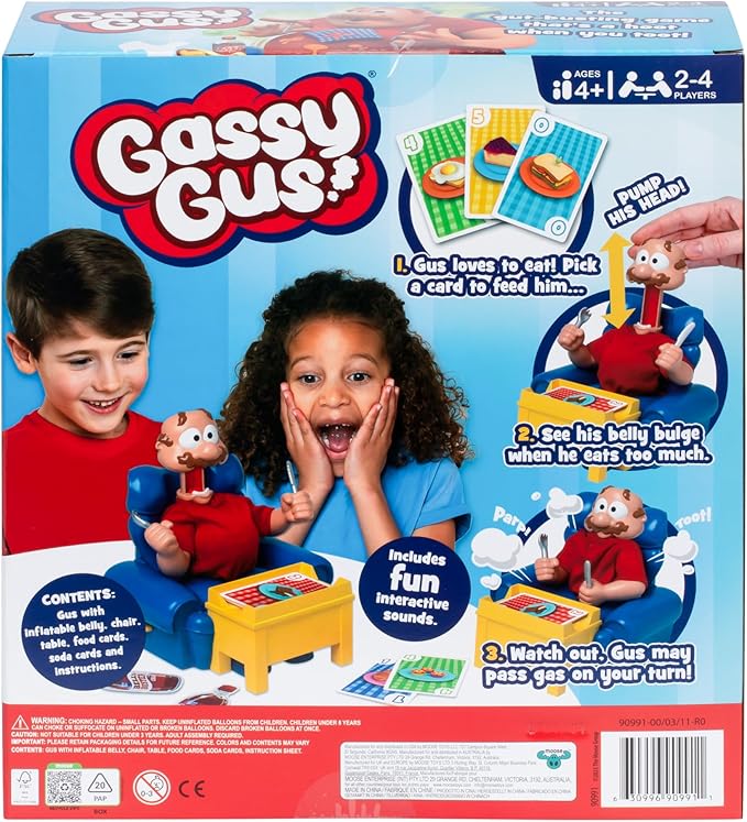 Gassy Gus, The interactive gut-busting game that's a hoot when you toot! Feed Gus gassy foods, but watch out for the big blast of gas! Packed with hilarious sounds, it's Ideal for 2-4 players ages 4+