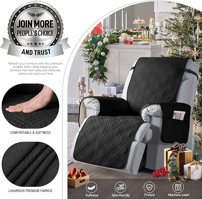 TAOCOCO 100% Waterproof Recliner Chair Cover, Non Slip Recliner Covers for Recliner Chair with Pocket, Washable Reclining Chair Cover Furniture Protector for Kids, Pets(Recliner Chair, Black)