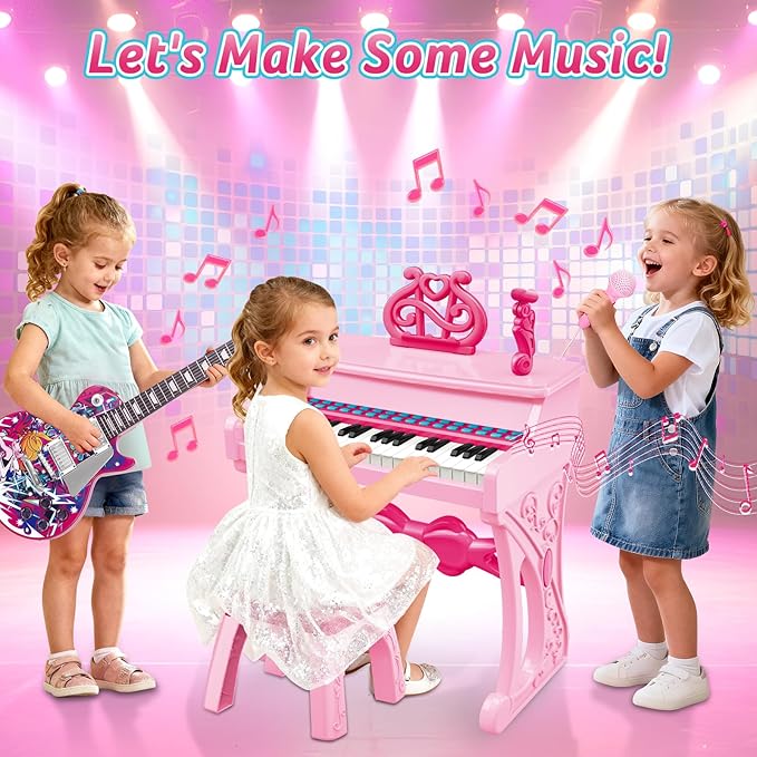 deAO Kids Piano Keyboard Toys for Girls, 37 Keys Toddler Pianos Toy with Stool and Microphone, Christmas Birthday Gift for Kids 3+ Years Old