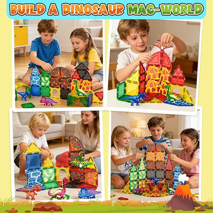 Coodoo Dinosaur Toys Magnetic Tiles Lava Dinosaur World Set - Magnetic Blocks Building for Kids 3-5 5-7 Girls Boys Toy Age 4-6 6-8, Classroom Must Haves Toddler Sensory for 3+ Year Old Kids Toys
