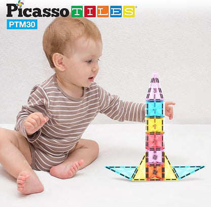 PicassoTiles Mini Size Magnetic Tiles Sensory Magnet Toys Diamond Series Construction Building Blocks Set STEM Learning Travel Size Educational Toy for Kids Boys Girls Toddlers Age 3+ PTM30
