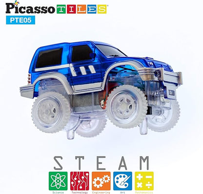PicassoTiles 2pcs Magnetic Toy Car Set Highly Detailed Compatible with Magnet Race Track STEM Truck Replacement Accessories Educational Construction Building Kits for Toddlers Boys & Girls Ages 3+