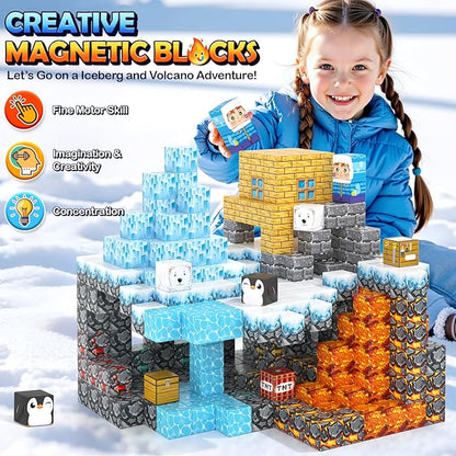 Gooidea Large Magnetic Blocks 110PCS Ice Fire World Inspired Playset Kids Magnet Toys 1 inch Building Cubes Magworld Add-on Building Craft Sensory Toys Game Gifts for Kids Ages 3-5 4-6 5-7 8-12