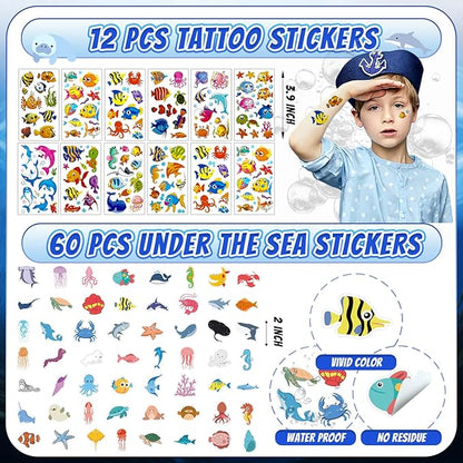 144 Pcs Under the Sea Party Favors Set with Keychains Slap Bracelet Scratch Art Tattoo Stickers Wristbands Treat Boxes Ocean Party Favors Under the Sea Party Decorations