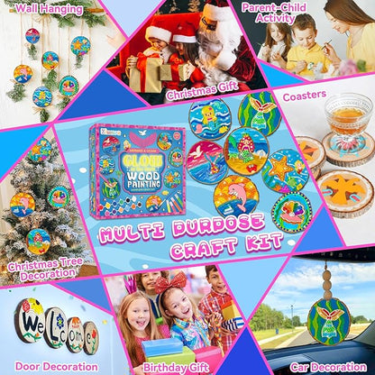 klmars Mermaid Themed Wooden Painting Kit-Glow in The Dark-Arts & Crafts Gifts for Kids Girls Ages 6-12-Wood Slice Craft Activities Kits -Mermaid Art Toys for Kids Christmas Gifts