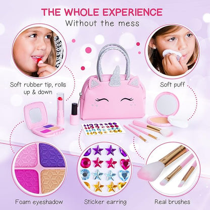 Pretend Play Makeup Kit for Little Girls with Unicorn Purse : Fake (Not Real) Make up Toy Set for Toddler and Kids - Includes Phone with Sounds, Princess Birthday Gift Set for Ages 3 4 5 6 7 8 Years