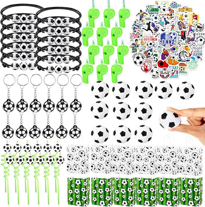 Colarr 122 Pcs Soccer Party Favors Include Key Chain Bracelets Mini Foam Ball Straw Stickers Goodie Bags Whistles Soccer Birthday Supplies Sports Gift Decoration for Kids Classroom Rewards