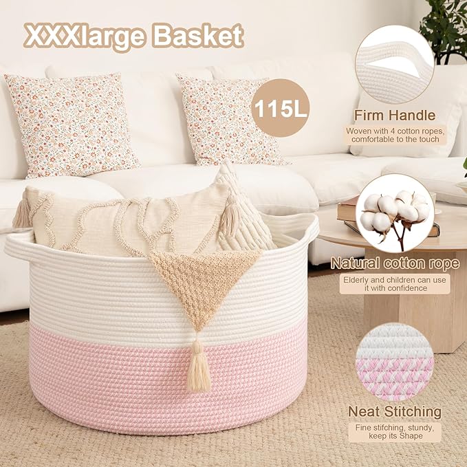 OIAHOMY 115L Extra Large Blanket Basket, 23.6" x 15.4" Woven Cotton Rope Laundry Basket for Organizing Pillows, Decorative Stuffed Animal Toy Storage Bin for Nursery, White and Pink