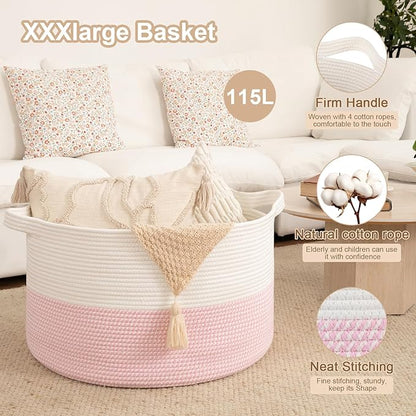 OIAHOMY 115L Extra Large Blanket Basket, 23.6" x 15.4" Woven Cotton Rope Laundry Basket for Organizing Pillows, Decorative Stuffed Animal Toy Storage Bin for Nursery, White and Pink