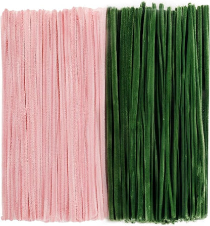 Caydo 200 Pieces Jade Pink & Moss Green Pipe Cleaners for Flowers,Thick Fluffy Chenille Stems for Kids Arts & Crafts and Mother's Day Decorations
