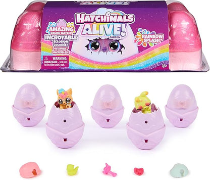 Hatchimals Alive, Rainbow Splash Egg Carton with 5 Mini Figures in Color Reveal Eggs & 10 Accessories, Kids Toys for Ages 3 and up