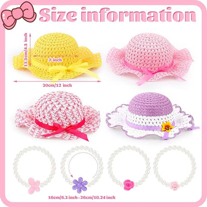Zhanmai 4 Pcs Christmas Girl Tea Party Hats Straw Hat for Girls Sun Dress up Hats for Kids Toddlers with 4 Pcs Pearl Bracelets for Children Costume Birthday Party Supplies Christmas Beach Travel Gifts