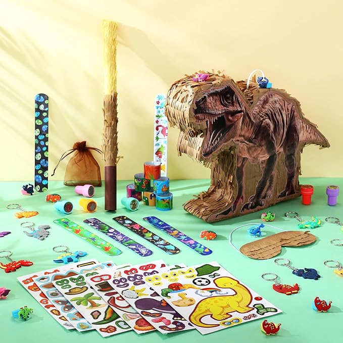 123 Pcs Dinosaur Piñata Set for Birthday Party 15 x 12 x 3'' Dinosaur Piñata with Blindfold Bat Confetti Slap Bracelet Keychain Stamps Sticker Rings Gift Bag for Kids Jungle Party Game Decor