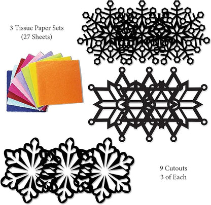 VHALE Suncatchers Craft 3 Sets (9 Cutouts) w Tissue Papers Stained Glass Effect Paper Sun Catcher Kit, Window Art, Classroom Crafts, Creative Art Projects, Kids Party Favors (Snowflake)