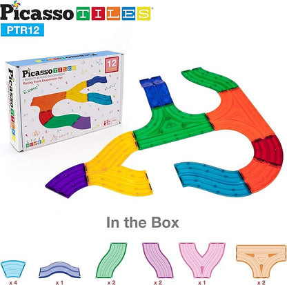 PicassoTiles 12 Piece Race Track Add-On Magnetic Building Block Set Magnet Tiles Construction Toy STEM Learning Kit Early Education Kids Toys Playset Pretend Play Blocks Child Brain Development PTR12