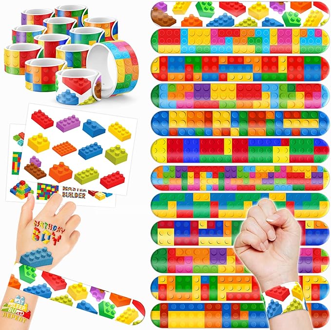 48PCS Building Block Party Favors - 24PCS Tattoos & 24PCS Slap Bracelets - Birthday Party Supplies, Classroom Prizes, Carnival Gifts, Christmas Decorations for Boys & Girls