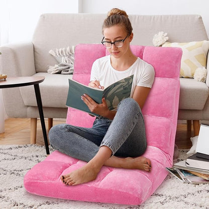 Folding Floor Chair 14-Position Cushioned Adjustable Floor Lazy Sofa Chair w/Breathable Cotton & Skin-Friendly Flannel for Adults & Kids Ideal for Reading Meditating, Pink