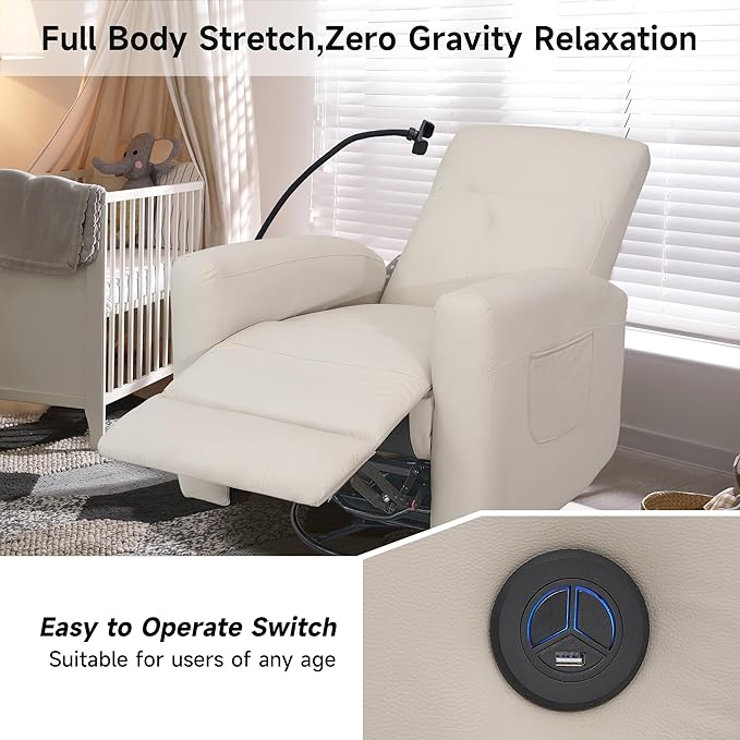 Power Swivel Glider Chair Nursery, Swivel Rocker Recliner with USB Ports, Rocking Chair with Microfiber Leather, Waterproof, Living Room, Nursery - Beige
