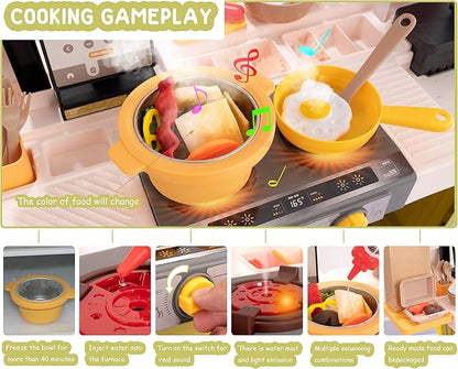 Kids Kitchen Play Set，Interactive Kids Kitchen Play Set with 88Pcs of Kitchen Toys，Realistic Sound Effects，and Simulated Functionality - Suitable for Toddlers (Yellow Kitchen Play Set)