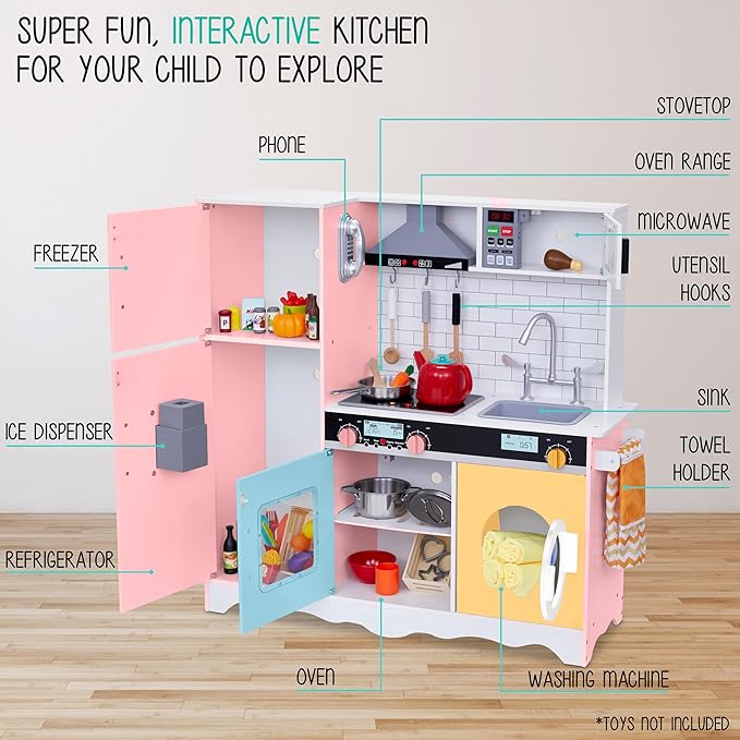 Lil’ Jumbl Kids Colorful Kitchen Set, Pretend Wooden Play Kitchen, Battery Operated Icemaker, Microwave, Range Hood, Stove Top, Oven, with Realistic Sound & Lights, Pots, Pan, & Utensils Included