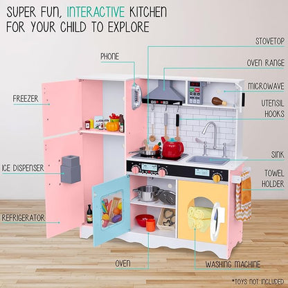 Lil’ Jumbl Kids Colorful Kitchen Set, Pretend Wooden Play Kitchen, Battery Operated Icemaker, Microwave, Range Hood, Stove Top, Oven, with Realistic Sound & Lights, Pots, Pan, & Utensils Included