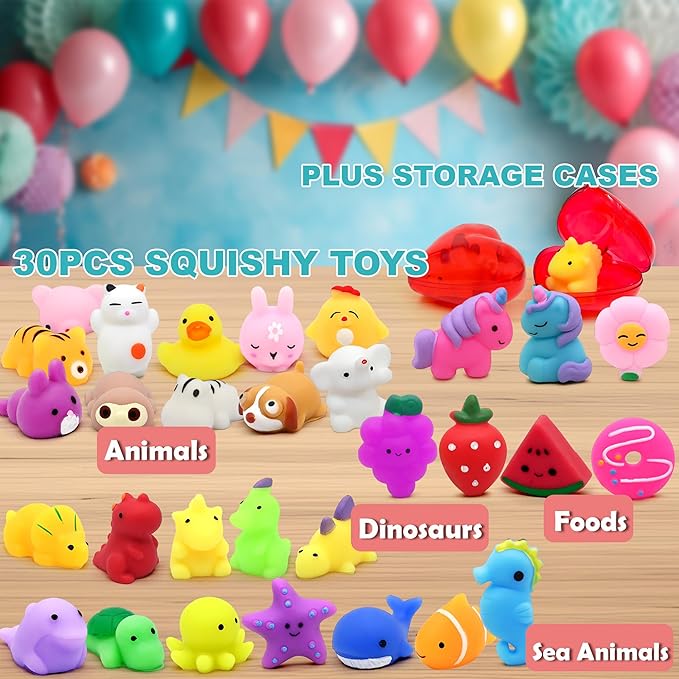 30 Packs Mochi Squishy Toys with Gift Storage Cases, Kawaii Squishy Toys for Kids Classroom Prizes, Party Favors, Birthday Gifts Treasure Box Goodie Bag Stuffers, Mini Squishy Fidget Toys