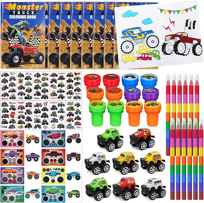 Cinrobiye 72Pcs Monster Truck Coloring Book with Crayons Bulk，Truck Car Party Favors Goodie Bags Fillers，Hot Wheels Birthday Party Supplies Face Stickers Tattoo Prizes Gift for Monster Truck Party